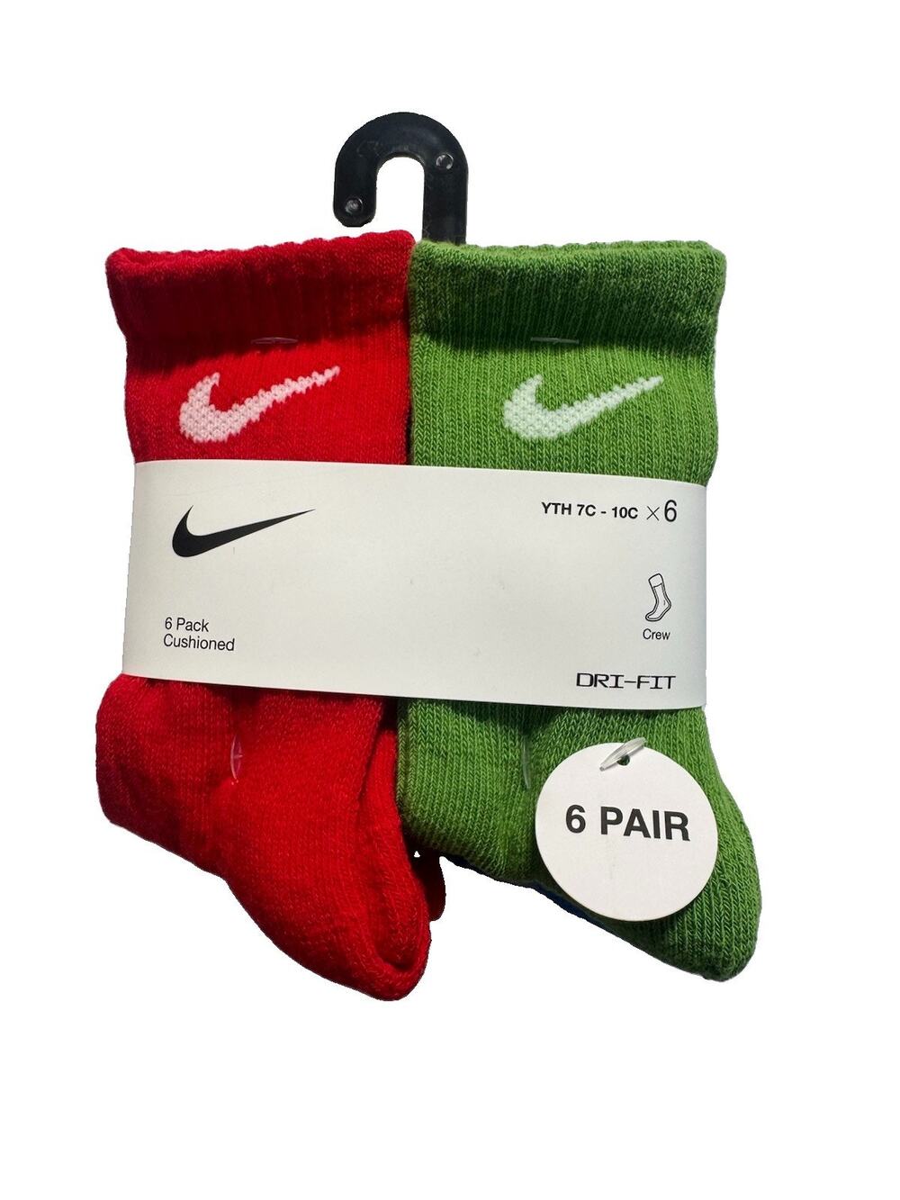 6 Pairs NIKE Dri-Fit MultiColor Cushioned Crew Socks Fits Youth Shoe Sz 7C-10C